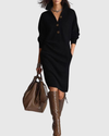 Women's Knit Midi Dress with Ribbed Texture and Button-Up Neckline