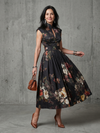 Women's Midi Dress with High Neck, Keyhole, and Floral Pleats