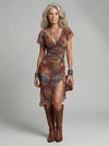 Women’s Lightweight Short Sleeve Midi Dress with Gathered Bodice and Asymmetrical Hem