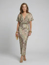 Women's Abstract Print V Neck Twist Waist Midi Dress with Short Sleeves