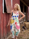 Women's Sleeveless Relaxed Fit Tapered Leg Jumpsuit with Colorful Motif Details