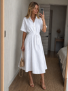 Women's Short Sleeve Collared Button Front Waist Tie Midi Dress