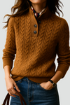 Cable Knit Jumper for Women with Elegant Button Neck Closure Regular Fit