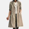 Waterproof Knee-Length Hooded Coat for Women with Adjustable Cuffs and Hidden Pockets