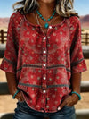 Ethnic Print Round Neck Blouse with 3/4 Sleeves
