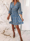 Gleamond | Women's Floral Smocked Waist Dress V-Neck Puff Sleeve Ruffle Hem