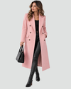 Elegant Long Double-Breasted Women's Wool Coat with Lapels and Tailored Fit