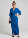 V-Neck Long Sleeve Wrap Midi Dress with Draped Waist