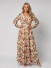 Women's Floral Print Long Sleeve Tiered Maxi Dress with Ruffled V Neckline