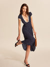 Women's Polka Dot Midi Dress with Puff Sleeves and Lace Accents