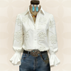 Embroidered Floral Blouse with Ruffle Cuffs and Classic Collar