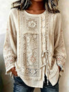 Floral Lace Fringe Beige Long Sleeve Round Neck Blouse for Women