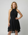 Elegant Halter Neck Midi Dress with Layered Chiffon Skirt and Gathered Waist
