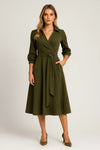 Women's Midi Wrap Dress with Belt and Shirt Collar