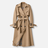 Women's Double-Breasted Midi Trench Coat with Check Lining and Belted Waist