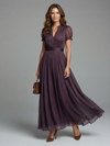 Lace-Trimmed V-Neck Maxi Dress with Sheer Puff Sleeves and Pleated Skirt