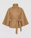 Women's Belted Wool-Blend Cape Jacket with High Collar and Asymmetric Button Closure for Stylish Winter Wear
