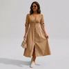 Button-Front V-Neck Tie-Sleeve Midi Dress with Flattering A-Line Silhouette