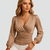 Chic V-Neck Blouse with Long Sleeves and Pleated Waist for Women