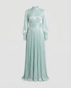 Elegant Floor-Length Long Sleeve Dress for Women with Stand-Up Collar and Pleated Skirt