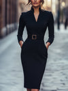 Elegant Midi Dress for Women with High V-Neck and Waist Belt for Versatile Style