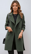 Knee-Length Women's Coat with Wide Lapel and Double-Breasted Closure