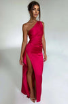 Women's One-Shoulder Satin Maxi Dress with Ruched Waist and High Side Slit