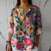 Painterly Floral Print Blouse with V-Neck and Three-Quarter Sleeves