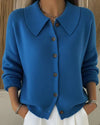 Wide Collar Knit Cardigan with Natural Wood-Tone Buttons