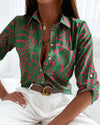 Women's Graphic Pattern V-Neck Blouse with Collared Neckline and Long Sleeves