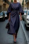 Gleamond | Women’s Elegant Midi Dress Lantern Sleeves Belted Waist