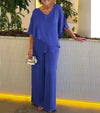 V-Neck Layered Top and Wide Leg Trousers Two-Piece Set for Women