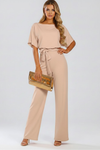 Women’s Full-Length Jumpsuit with Round Neckline and Waist Tie