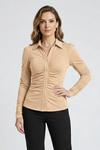 Women's Long Sleeve Blouse with Button Front and Ruched Center Detail