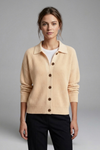 Women's Collared Knitted Cardigan with Button Closure and Long Sleeves