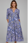 V-Neck Midi Dress with Three-Quarter Sleeves and All-Over Print