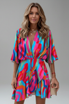 Women's V-Neck Batwing Sleeve Mini Dress with Adjustable Waist Tie