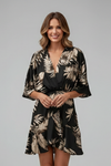 Batwing Sleeve V-Neck Mini Dress with Adjustable Waist Tie