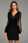 Gleamond | Women's Mini Dress with V Neck and Sheer Sleeves