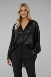 Elegant Women's Shimmering Oversized Blouse with Long Sleeves and Structured Fit