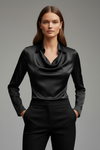 Satin Blouse with Draped Collar and Long Sleeves for Women