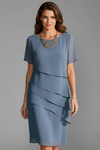 Layered Front Panel Short Sleeve Dress with Straight Hem