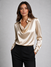 Women's Satin Effect Long Sleeve Blouse with Draped Neckline