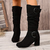 Women's Knee-High Slouch Block Heel Boots with Double Buckle Detail