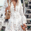 Gleamond | Women's Lace Crochet Romper Deep V-Neck Flare Sleeve Beach Cover Up