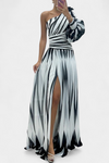 Women's Striped Maxi Dress with Asymmetrical One-Shoulder Neckline and Puff Sleeve