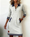 Women's Zip Front Collared Midi Dress for Everyday Elegance