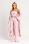 Three-Piece Co-Ord Set with Strapless Crop Top Wide-Leg Trousers and Long Cardigan