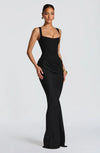 Women’s Elegant Black Maxi Dress with Corset Bodice and Lace-Up Back