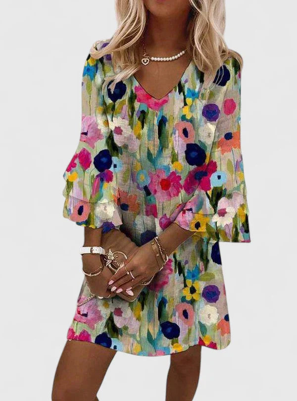 Gleamond | Women’s Floral Mini Dress V Neck Short Sleeve Casual Dress